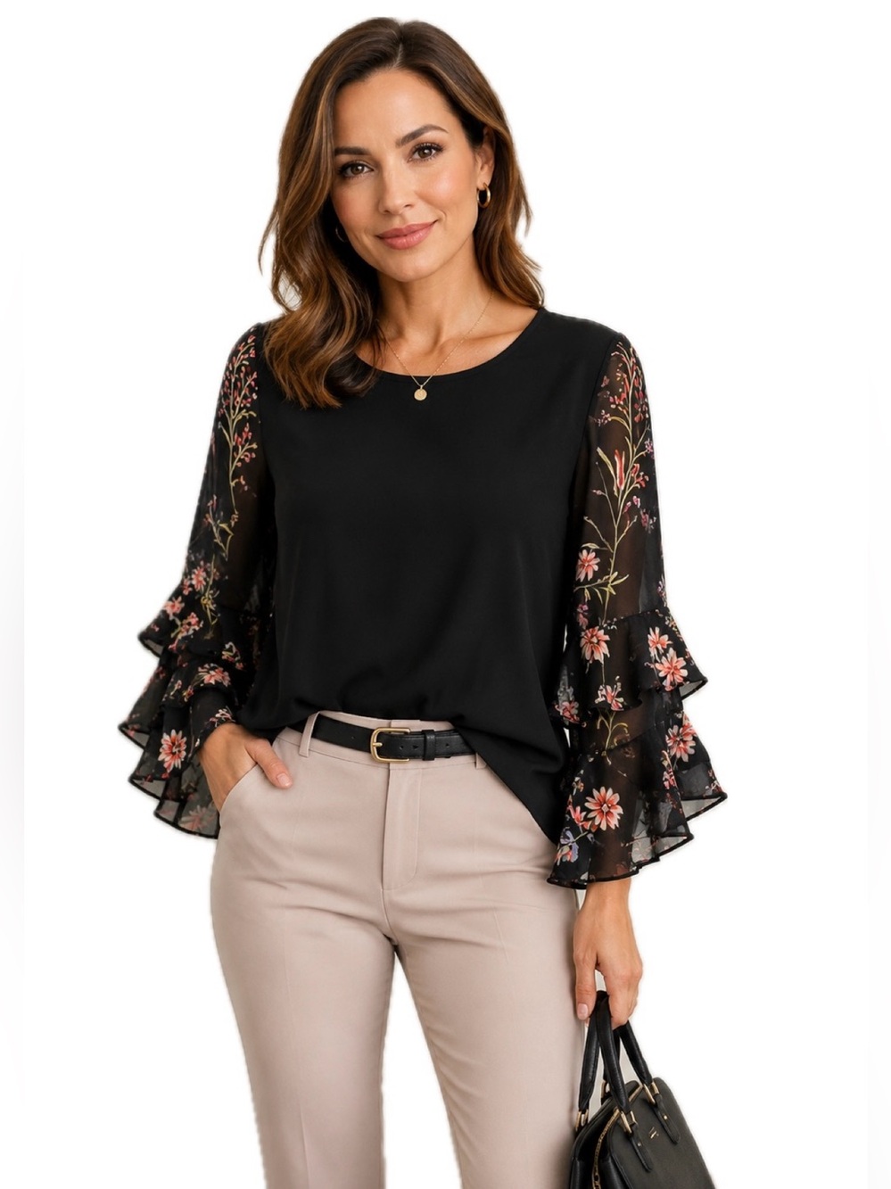 Cynthia Steffe Black Floral Bell Sleeve Blouse Sheer Ruffle Sleeve Top L Boho